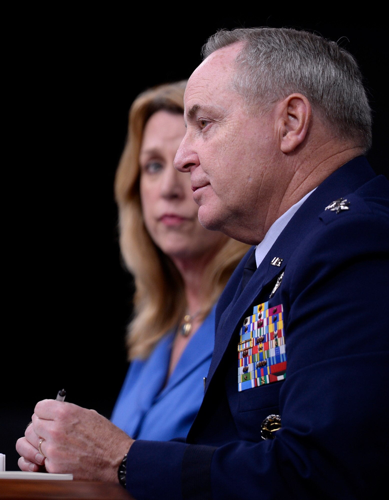 Secretary of the Air Force Deborah Lee James and Air Force Chief of Staff Gen. Mark A. Welsh III give a press conference on the "State of the Air Force" in the Pentagon March 7, 2016. (U.S. Air Force photo/Scott M. Ash)