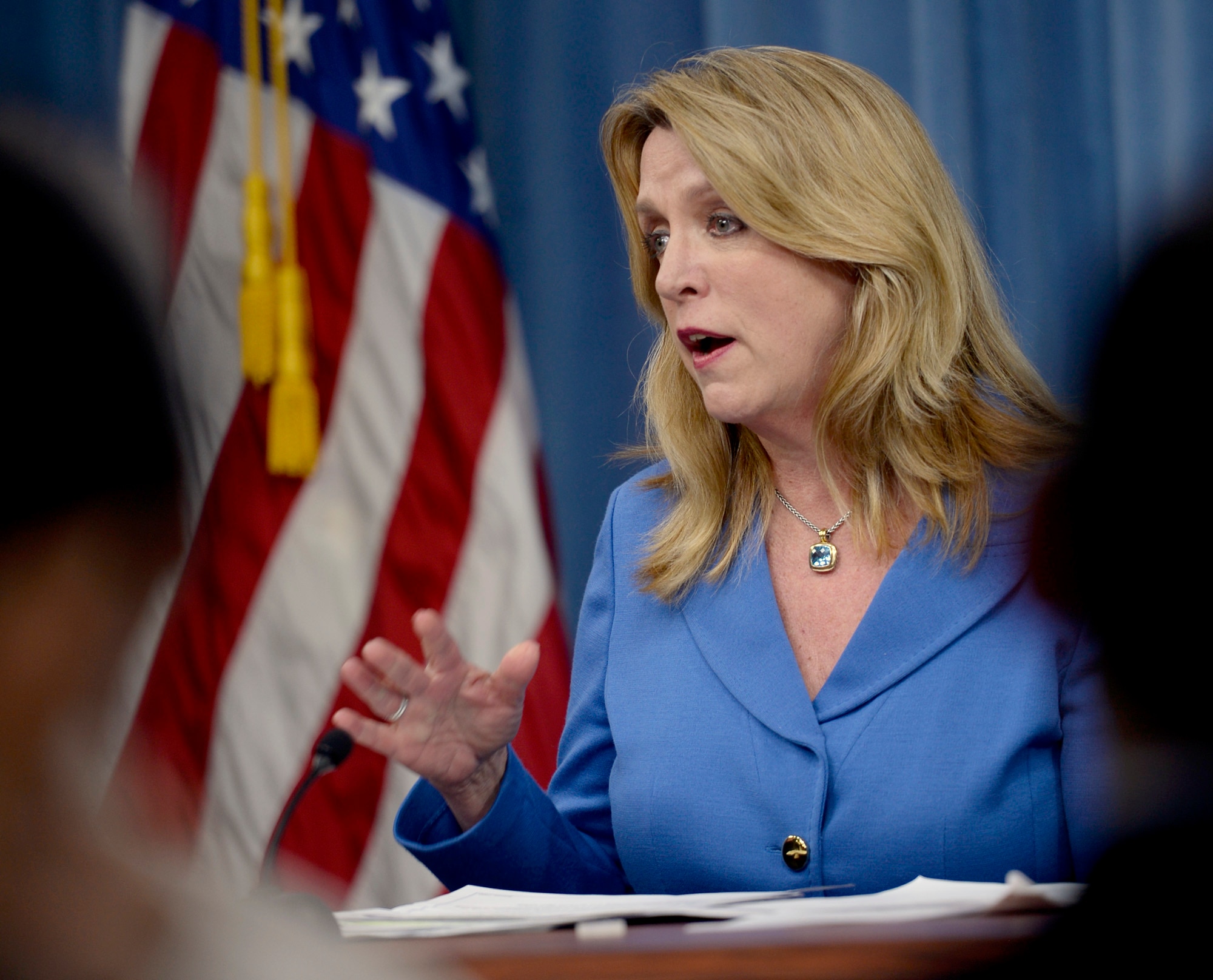 Secretary of the Air Force Deborah Lee James gives a press conference on the "State of the Air Force" in the Pentagon March 7, 2016. (U.S. Air Force photo/Scott M. Ash)