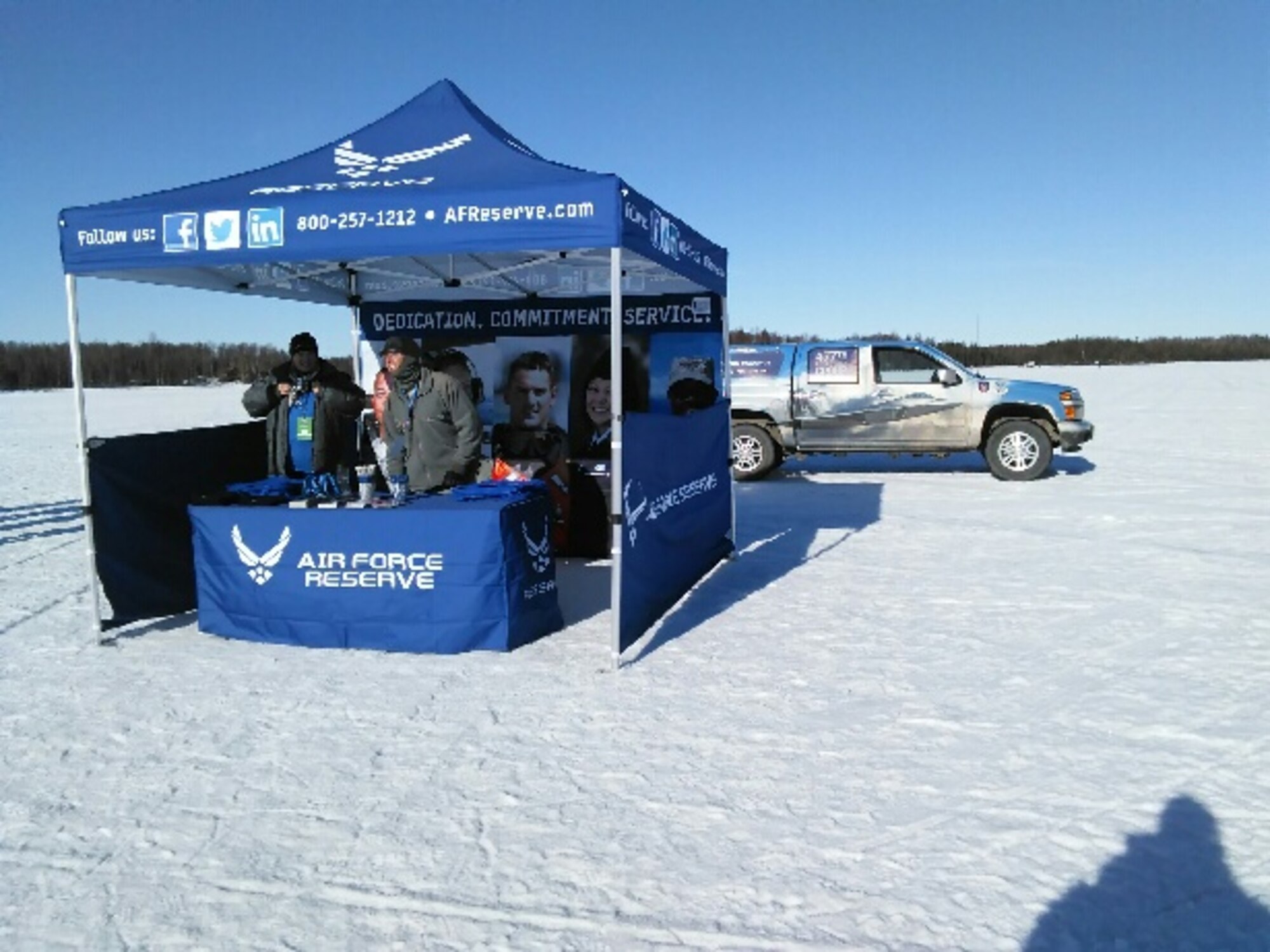 Air Force Reserve Recruiters were on hand to discuss opportunities to serve in the Air Force Reserve at the Iditarod Restart in Willow, Alaska March 6. The Iditarod is a 1,000-mile sled dog race across the rugged terrain of Alaska. This is the second year Air Force Reserve Recruiting has sponsored the Iditarod, known as “The Last Great Race on Earth.”(U.S. Air Force/Tech. Sgt. Kimberly Moore) 