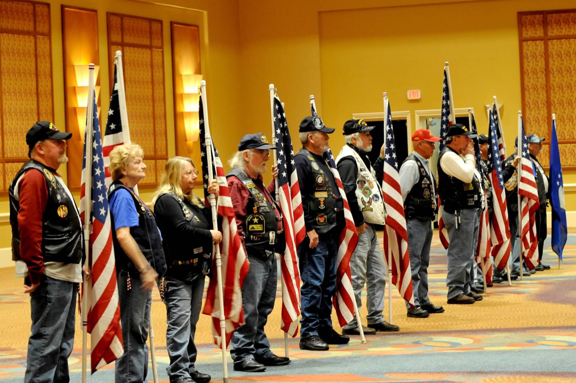 Patriot Guard Riders visit Reservists and Guardsmen during an Air Force Reserve Command Yellow Ribbon event in Orlando, Florida, Feb. 28, 2016. The Patriot Guard Riders regularly come to Yellow Ribbon events to show their support and shake hands with deploying or recently deployed Airmen. (U.S. Air Force photo by Master Sgt. Shanda DeAnda)