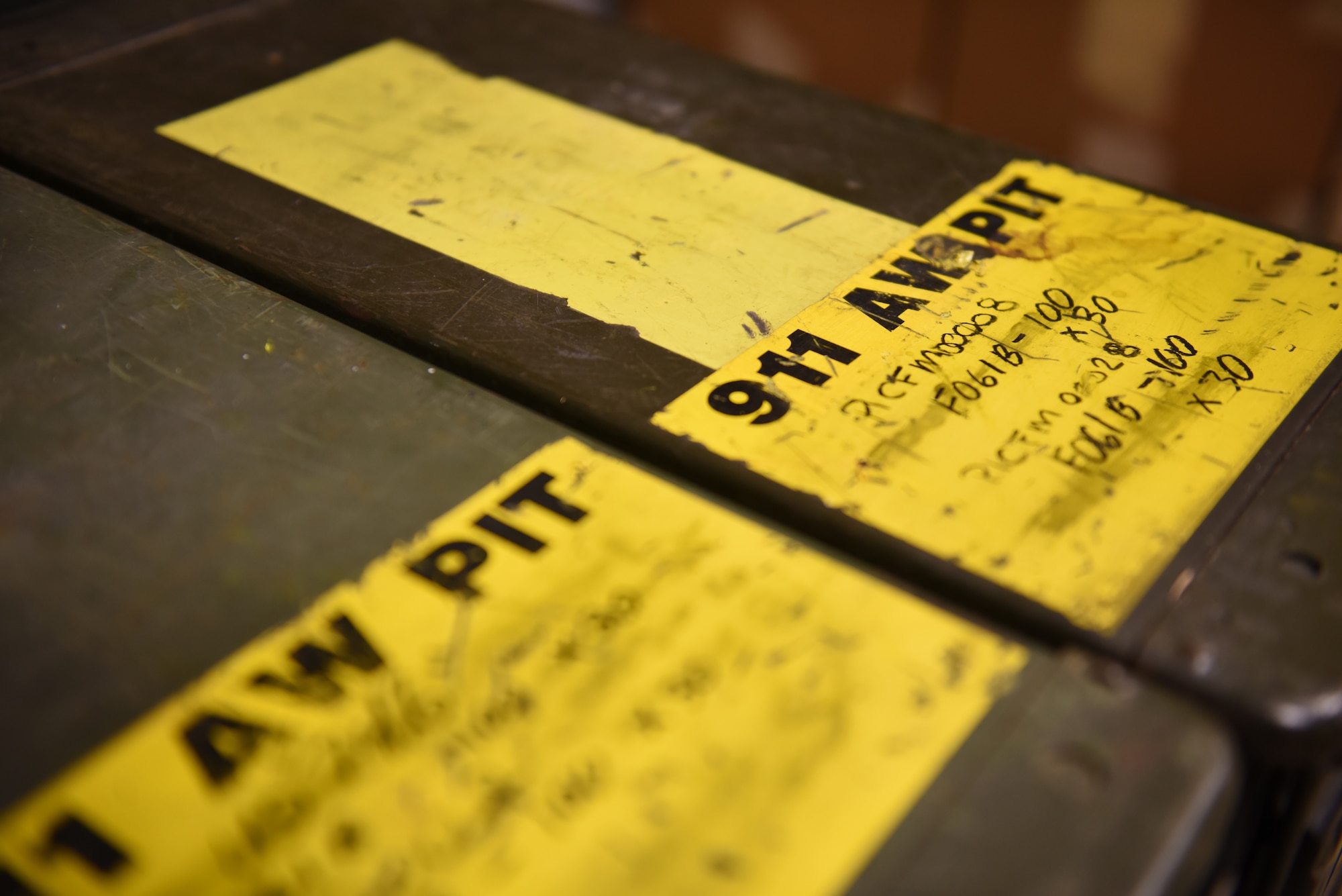 A box of munitions is stored at the Pittsburgh International Air Reserve Station, Pennsylvania, March 3, 2016. Munitions are carefully inventoried by members of the munitions flight. (U.S. Air Force photo by Airman Bethany Feenstra)