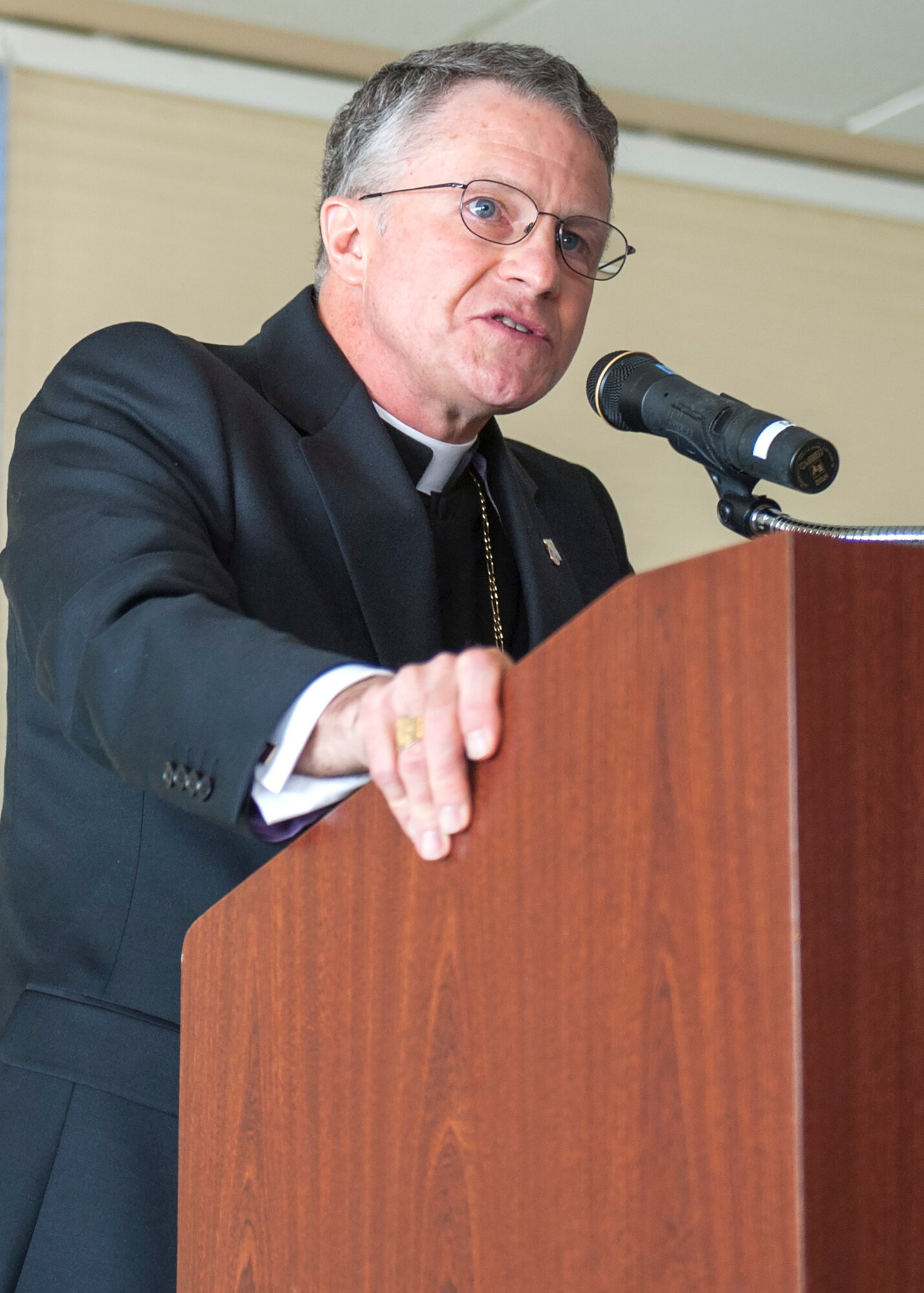 Archbishop of the Military Services, Timothy Broglio, speaks to Airmen during the base’s National Prayer Breakfast observance at Eglin Air Force Base, Fla., March. 1. Broglio stressed the importance of making a difference and holding to principles when making decisions. He also reminded the crowd the principles the nation was founded on: life, liberty and the pursuit of happiness. The annual breakfast honors the moral and spiritual values the nation was founded on.  (U.S. Air Force photo/Ilka Cole)