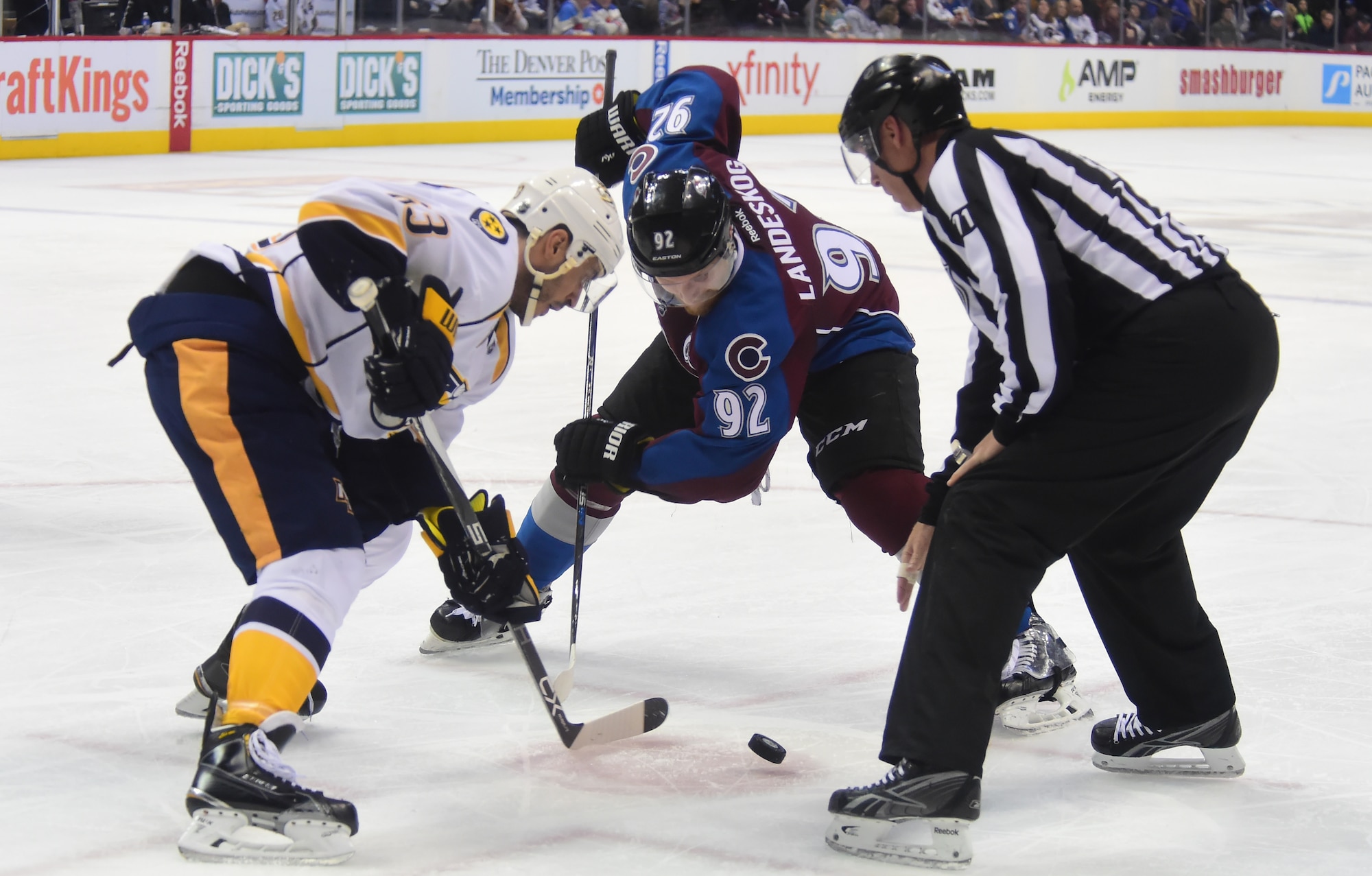 Colorado Avalanche player Gabriel Landeskog faces-off against Nashville Predators player Mike Ribeiro March 5, 2016, at the Pepsi Center in Denver, Colo. The hockey game was the fifth annual “Military Appreciation Day” held by the Avalanche. (U.S. Air Force photo by Airman 1st Class Luke W. Nowakowski/Released)