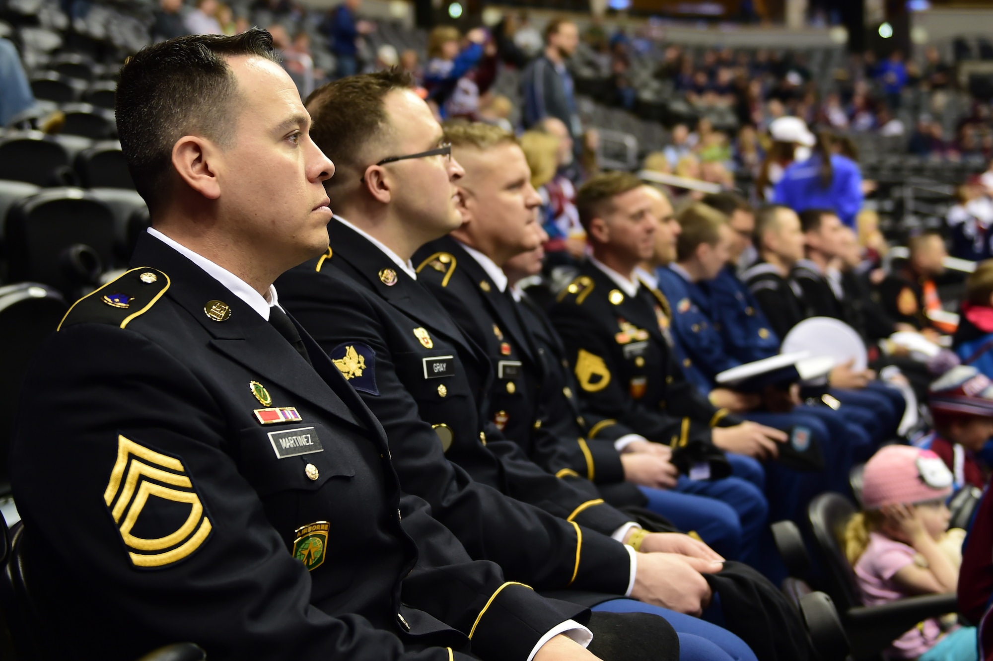 Military members watch the pregame warm-up before the game between the Colorado Avalanche and the Nashville Predators March 5, 2016, at the Pepsi Center in Denver, Colo. The Avalanche held the fifth annual “Military Appreciation Day” to honor military members for their service to the United States. (U.S. Air Force photo by Airman 1st Class Luke W. Nowakowski/Released)