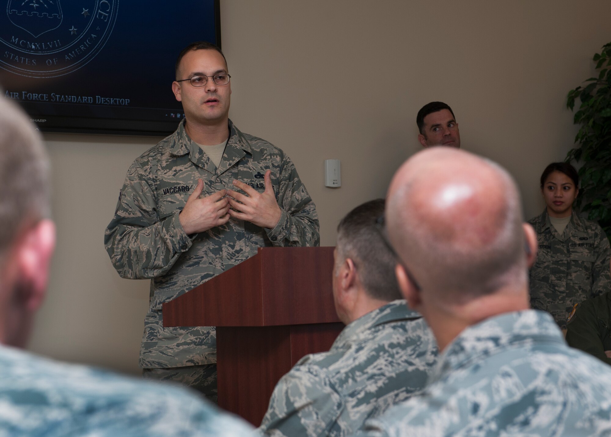 Senior Master Sgt. Ralph Vaccaro, 436th Maintenance Squadron Maintenance Flight chief, speaks at the 2016 Dover Air Force Base Air Force Assistance Fund kick off Feb. 29, 2016, at Dover AFB, Del. Vaccaro told a personal story of how the AFAF assisted him and his family. (U.S. Air Force photo/Senior Airman Zachary Cacicia)