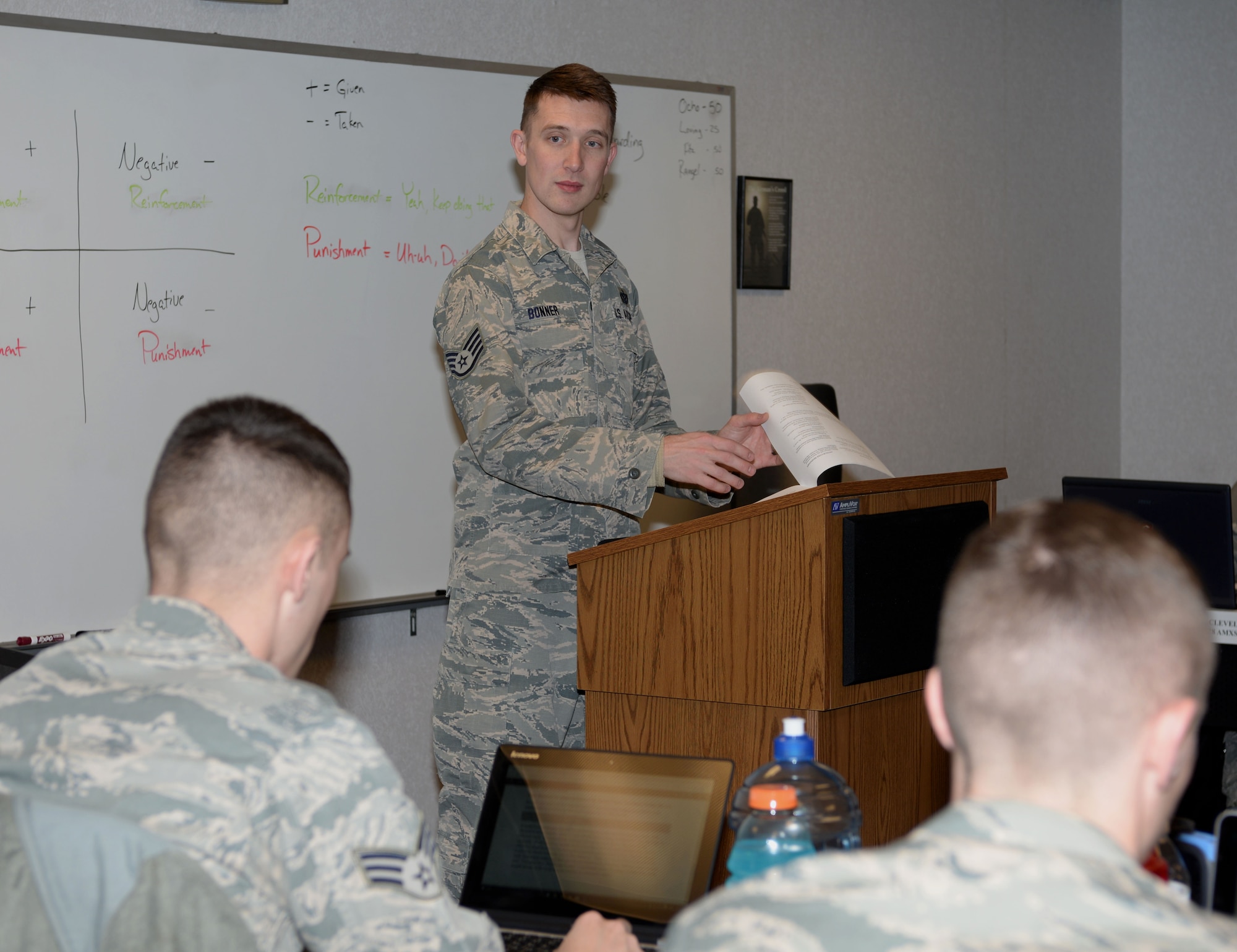 Staff Sgt. Aaron Bonner, 28th Force Support Squadron Airman Leadership School instructor, teaches his class about punishments and reinforcements at Ellsworth Air Force Base, S.D., Feb. 25, 2016. During their time at ALS, Airmen learn useful leadership and life skills to help them become effective supervisors. (U.S. Air Force photo by Airman 1st Class Denise M. Nevins/Released)