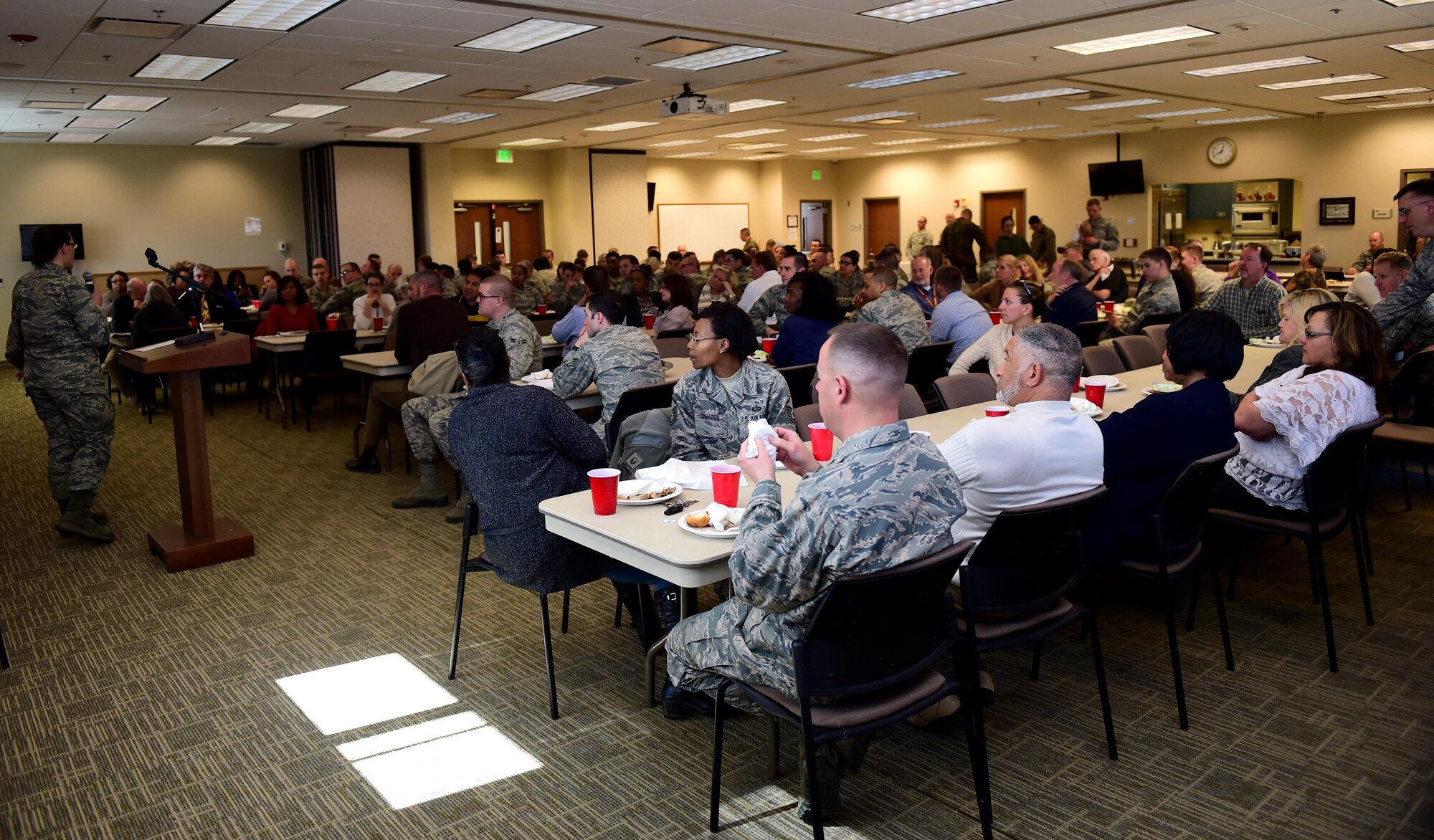 Team Buckley members enjoy the fellowship lunch Mar. 2, 2016, at the Buckley Chapel Fellowship Hall on Buckley Air Force Base, Colo. The lunch averages around 400 people between the two available seatings at 11 a.m. and 12 p.m. (U.S. Air Force photo by Airman 1st Class Gabrielle Spradling/Released)