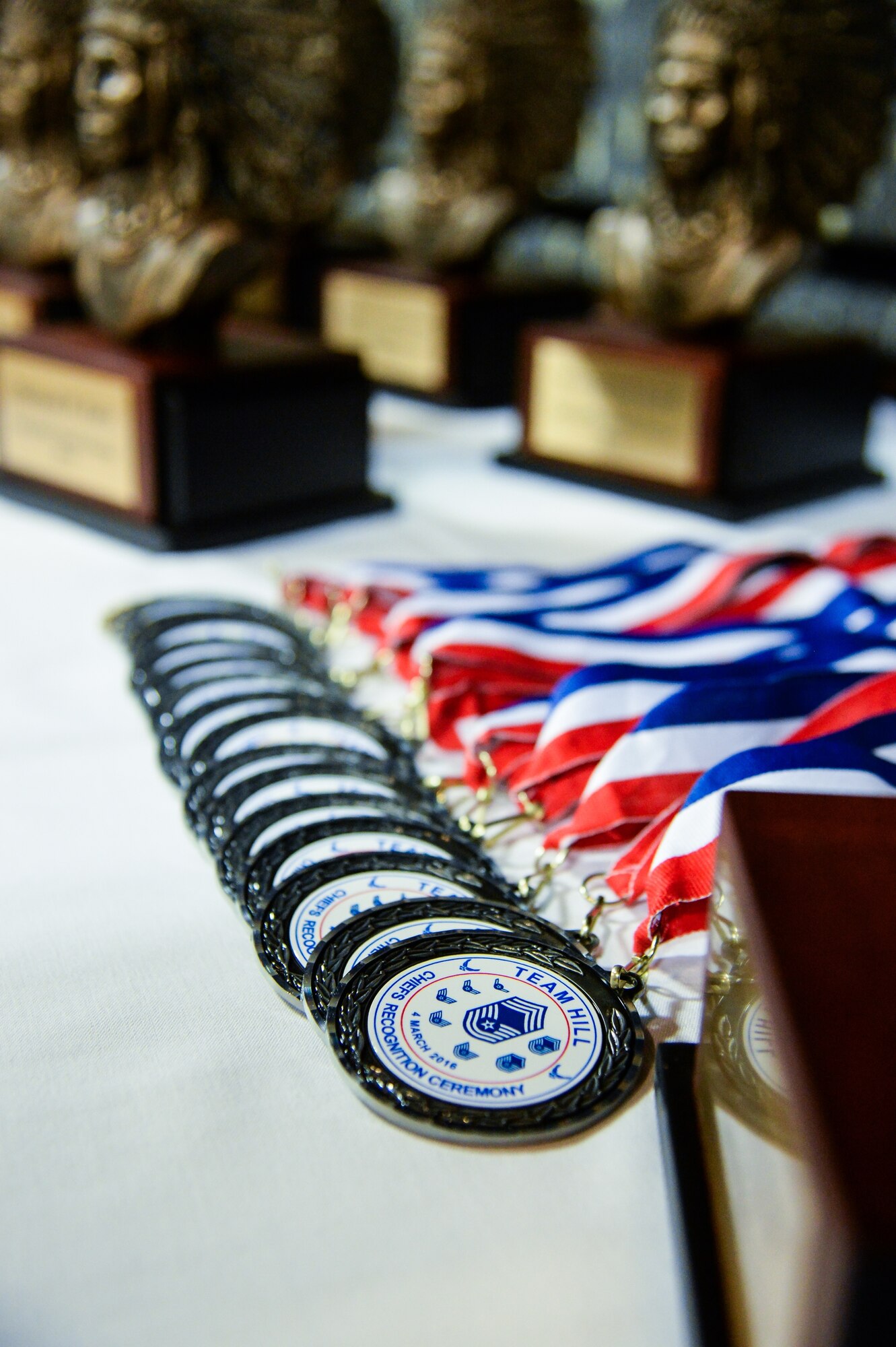Medallions sit on a table waiting to be presented during the Chief’s Recognition Ceremony, Hill Air Force Base, Utah, March 4, 2016. (U.S. Air Force photo by R. Nial Bradshaw)