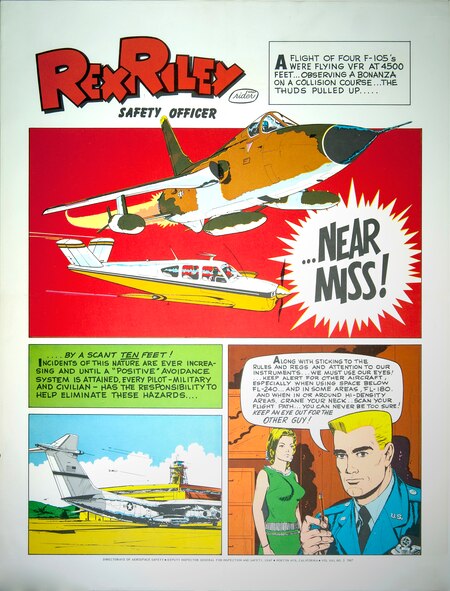 Maj. Rex Riley explains how relying on instrumentation alone will not determine a near miss. Use your eyes and scan the skies. Artwork originated from the Deputy Inspector General for Inspection and Safety, Norton AFB, Calif., 1967. (U.S. Air Force illustration)