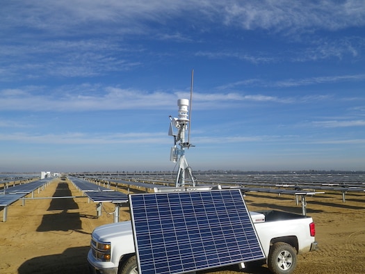 Officials from the Air Force Life Cycle Management Center’s Acquisition Environmental and Industrial Facilities Division at Wright-Patterson AFB, along with NRG Solar Oasis LLC representatives signed an Enhanced Use Lease agreement in February 2015 allowing NRG to complete installation of approximately 98,000 photovoltaic solar panels such as these on 180 acres adjoining Air Force Plant 42. One hundred sixty acres of the project site are on Air Force owned property. (Courtesy photo/ NRG Communications.)