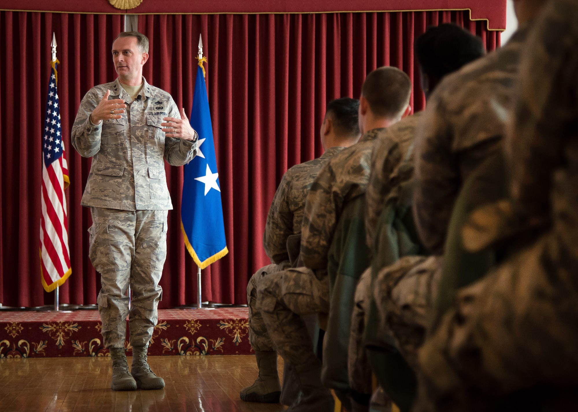 Maj. Gen. Warren D. Berry, Air Force Materiel Command vice commander, speaks to Company Grade Officers during an all-call for CGOs at the Minuteman Commons March 3. During the all-call, Berry highlighted topics such as work and life balance, building a personal network, the difference in leadership styles from the past and present as well as other topics. (U.S. Air Force photo by Mark Herlihy)