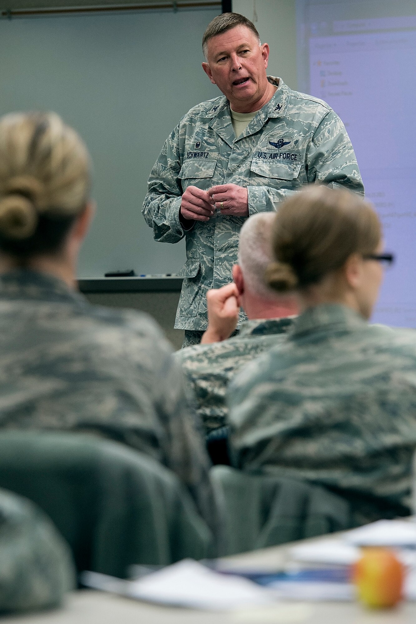 Col. Doug Schwartz, 434th Air Refueling Wing commander, addresses participants in the first sergeant symposium March 3, 2016 at Grissom Air Reserve Base, Indiana. The symposium was held to help additional duty first sergeants understand their roles and prepare them for duties they may incur in the special duty identifier. (U.S. Air Force photo/Douglas Hays)