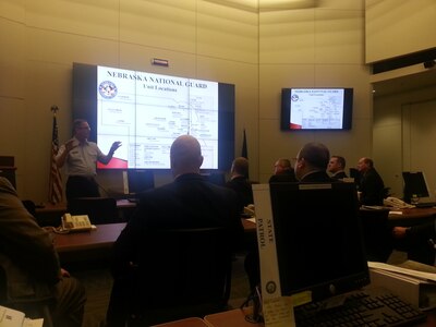 Maj. Gen. Daryl L. Bohac (standing), Nebraska National Guard Adjutant General, briefs U.S. Strategic Command (USSTRATCOM) Fellows on the National Guard-State of Nebraska relationship at Nebraska National Guard Headquarters, Lincoln, Neb., March 7, 2016. The Fellows also visited the Nebraska Legislature at the State Capitol. The 13-week USSTRATCOM Strategic Leadership Fellows Program began January 23, 2016, bringing 10 civilian employees together with national security and defense experts from the University of Nebraska for classroom-based and hands-on learning opportunities that will provide graduate-level leadership development. One of nine DoD unified combatant commands, USSTRATCOM has global strategic missions, assigned through the Unified Command Plan, which include strategic deterrence; space operations; cyberspace operations; joint electronic warfare; global strike; missile defense; intelligence, surveillance and reconnaissance; combating weapons of mass destruction; and analysis and targeting. (USSTRATCOM photo by Don Duralia)
