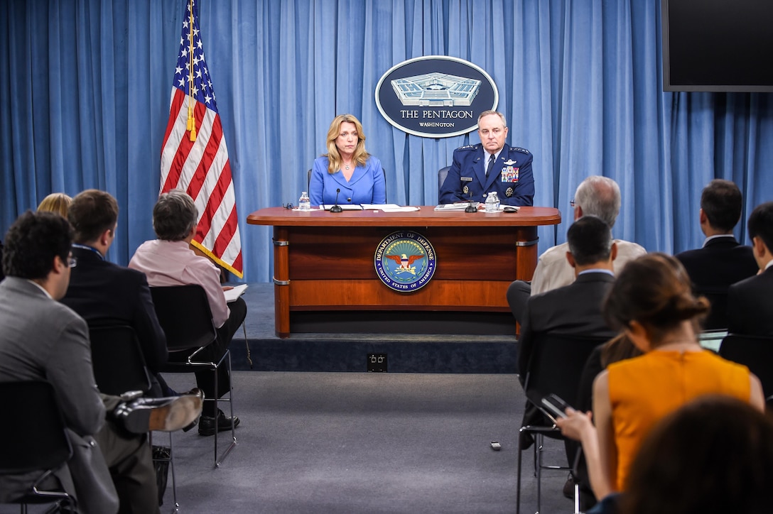 Air Force Secretary Deborah Lee James and Air Force Chief of Staff Gen. Mark A. Welsh III discuss the state of the Air Force during a news conference at the Pentagon, March 7, 2016. DoD photo by Army Sgt. 1st Class Clydell Kinchen