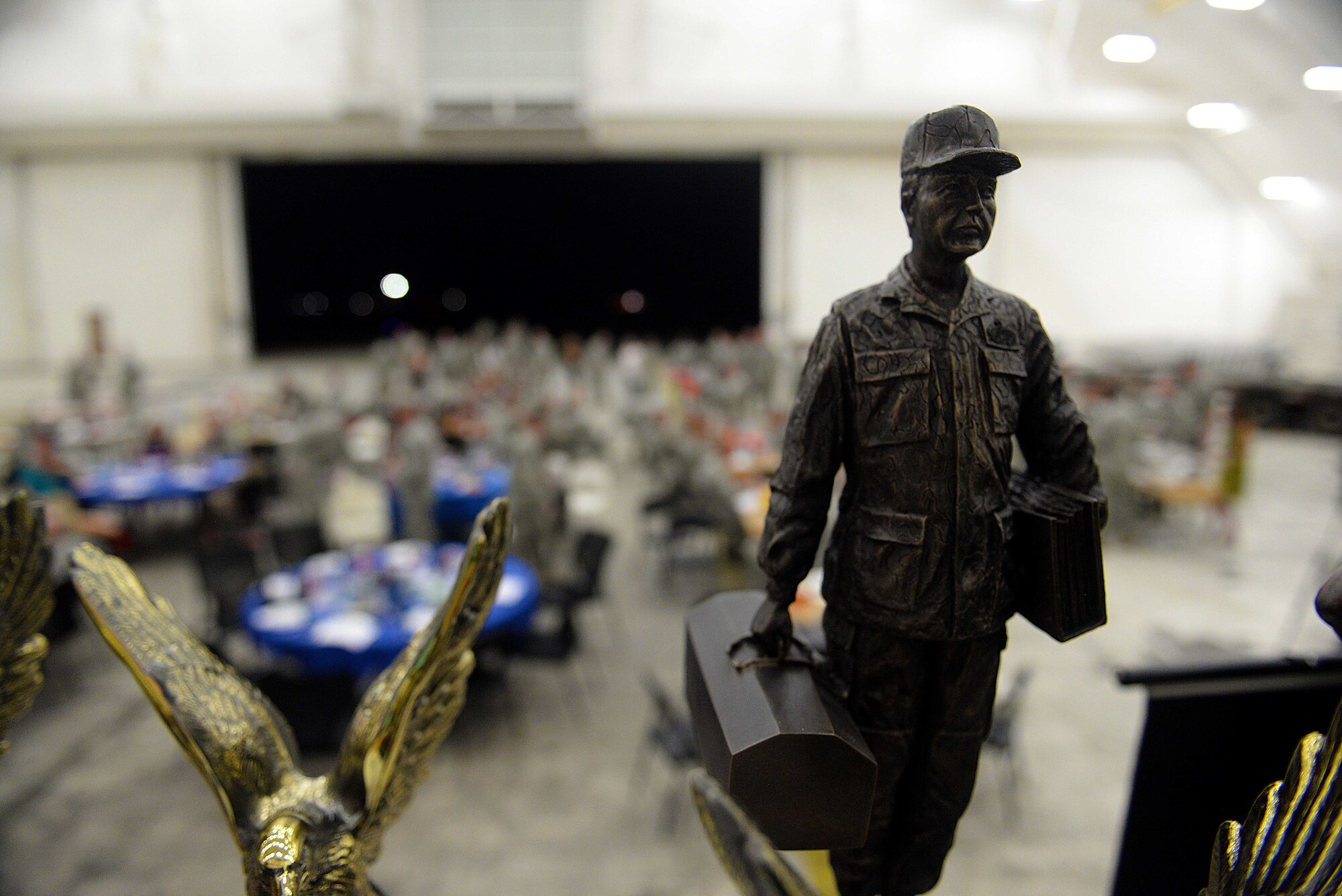 Maintenance Professional of the Year trophies sit prepared before the annual MPOY ceremony March 4, 2016, at Andersen Air Force Base, Guam. The MPOY awards recognized Airmen from multiple maintenance career fields for outstanding achievements. (U.S. Air Force Photo/Airman 1st Class Alexa Ann Henderson)