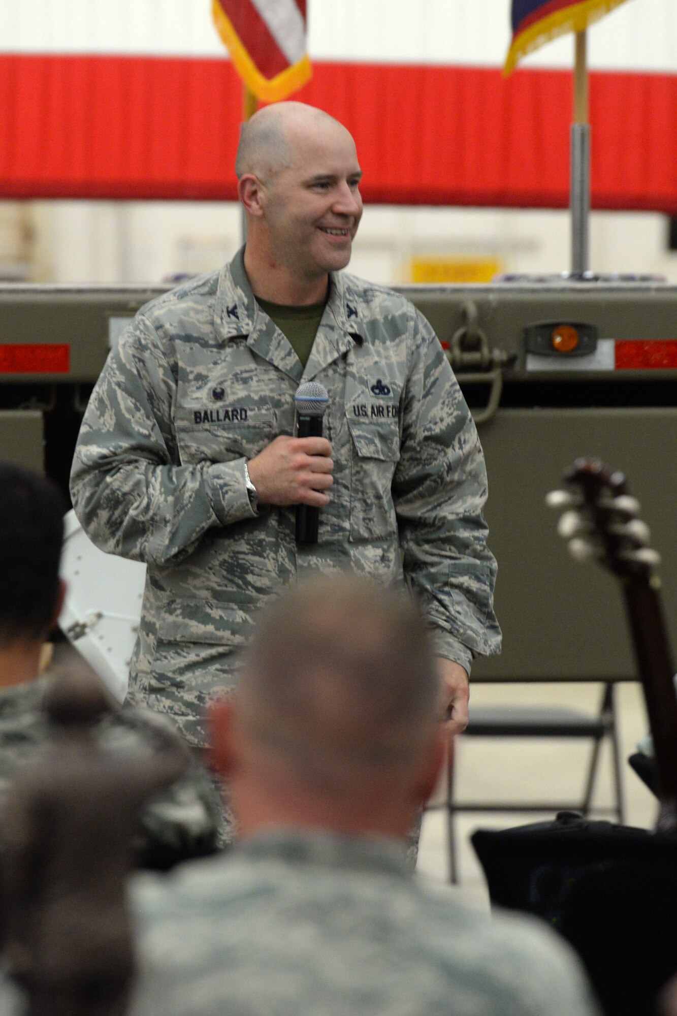 Col. Patrick Ballard, 36th Maintenance Group Commander, speaks at the Maintenance Professional of the Year award ceremony March 4, 2016, at Andersen Air Force Base, Guam. More than 100 people attended the ceremony and watched more than 20 Airmen win awards for outstanding achievements. (U.S. Air Force photo/Airman 1st Class Alexa Ann Henderson)