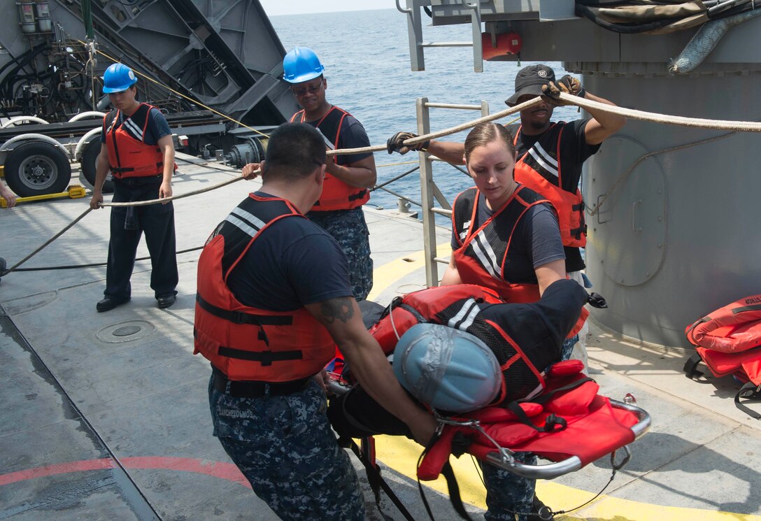 Navy Petty Officer 1st Class Vanessa Poland, right, and Navy Petty Officer 1st Class Hugo Sanchezolmos participate in a man overboard drill aboard USNS Spearhead in the Atlantic Ocean, March 3, 2016. Poland and Sanchezolmos are hospital corpsmen. Navy photo by Petty Officer 3rd Class Amy M. Ressler 