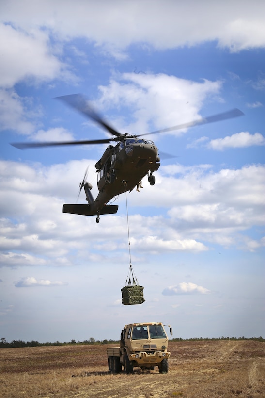 A UH-60 Black Hawk helicopter carries cargo during slingload training at Coyle drop zone on Joint Base McGuire-Dix-Lakehurst, N.J., Feb. 29, 2016. New Jersey Air National Guard photo by Tech. Sgt. Matt Hecht