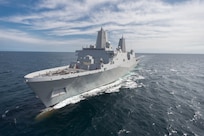 GULF OF MEXICO - The Navy's future amphibious transport dock, John P. Murtha (LPD 26) successfully completed Builder's Trials March 4. The principal mission of LPD 17 San Antonio class ships is to deploy combat and support elements of Marine Expeditionary Units and Brigades. With the capability of transporting and debarking air cushion or conventional landing craft and augmented by helicopters or MV-22 vertical take-off and landing aircraft, these ships support amphibious assault, special operations, and expeditionary warfare missions. (Photo courtesy of HII)