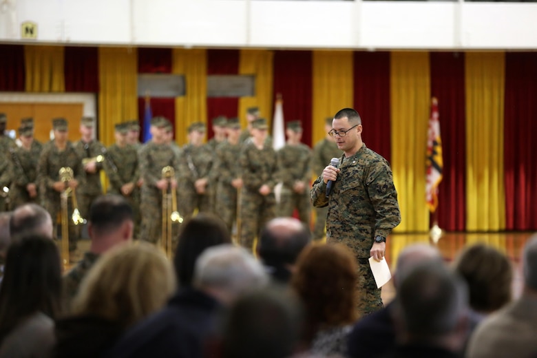 Lt. Col. Robert J. Bodisch, the battalion commander of 2nd Tank Battalion, talks to Marines, sailors, family and friends during Charlie Company’s deactivation ceremony at Camp Lejeune, N.C., March 4, 2016. Charlie Company, activated in 1941, has taken part in some of the America’s largest battles to include World War II (Tarawa, Saipan), The Vietnam War, Operations Desert Storm and Shield, and Operation Iraqi Freedom (Fallujah).(U.S. Marine Corps photo by Cpl. Michael Dye)