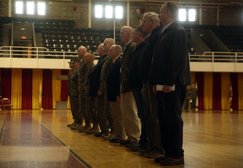 Former company commanders for Charlie Company, 2nd Tank Battalion, gathered to be recognized for their time leading the company during its deactivation ceremony at Camp Lejeune, N.C., March 4, 2016. Charlie Company, activated in 1941, has taken part in some of the America’s largest battles to include World War II (Tarawa, Saipan), The Vietnam War, Operations Desert Storm and Shield, and Operation Iraqi Freedom (Fallujah).(U.S. Marine Corps photo by Cpl. Joey Mendez)