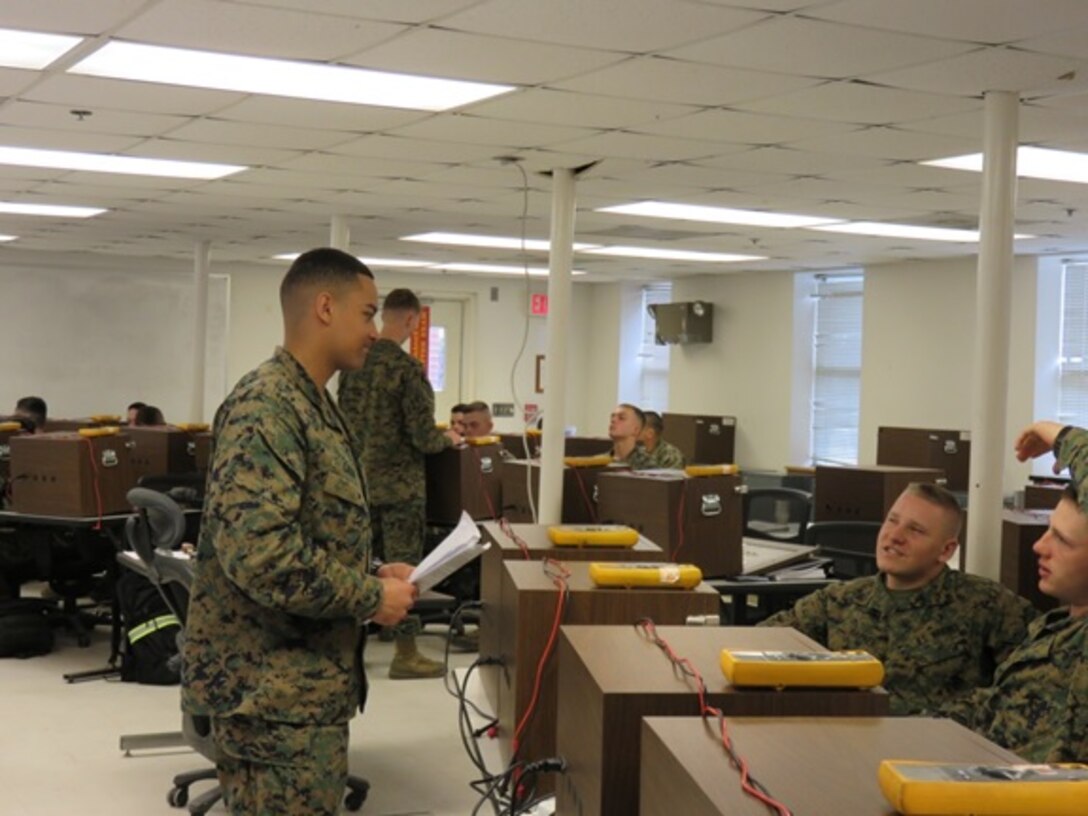 Marines attached to Basic Engineer Equipment Electrical Systems Technician course 3-16 (BEEEST 3-16) at Courthouse Bay, Camp Lejeune, N.C. receive a lesson on solid state devices. This class prepares them for troubleshooting and working on the simulation screens on generator sets.
