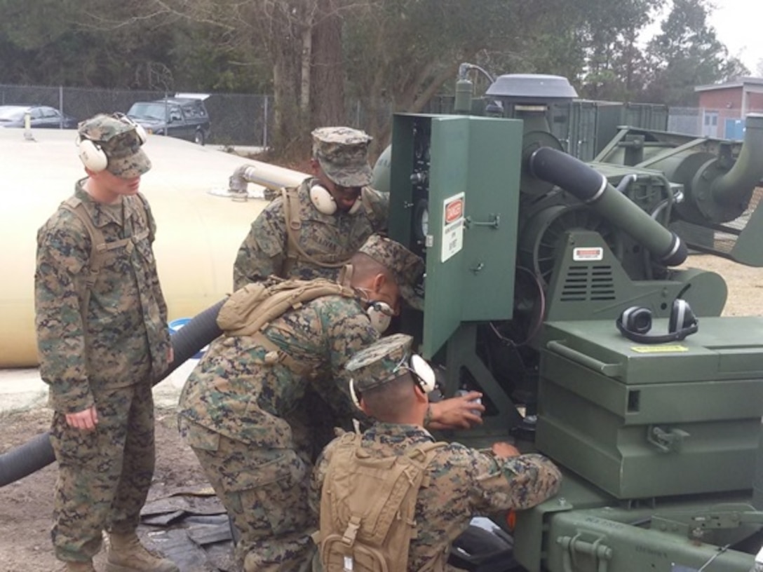 Marines attending Basic Water Support Technician course 4-16 (BWST 4-16) aboard Courthouse Bay, Camp Lejeune, N.C. receive training on operating water pumps for distribution purposes. The practical application reinforces classroom instruction, allows the Marines to get hands-on training, and prepares them for what they will encounter in the Operating Forces. Here the Marines are seen working with a 600 Gallon Per Minute (GPM) pump.



