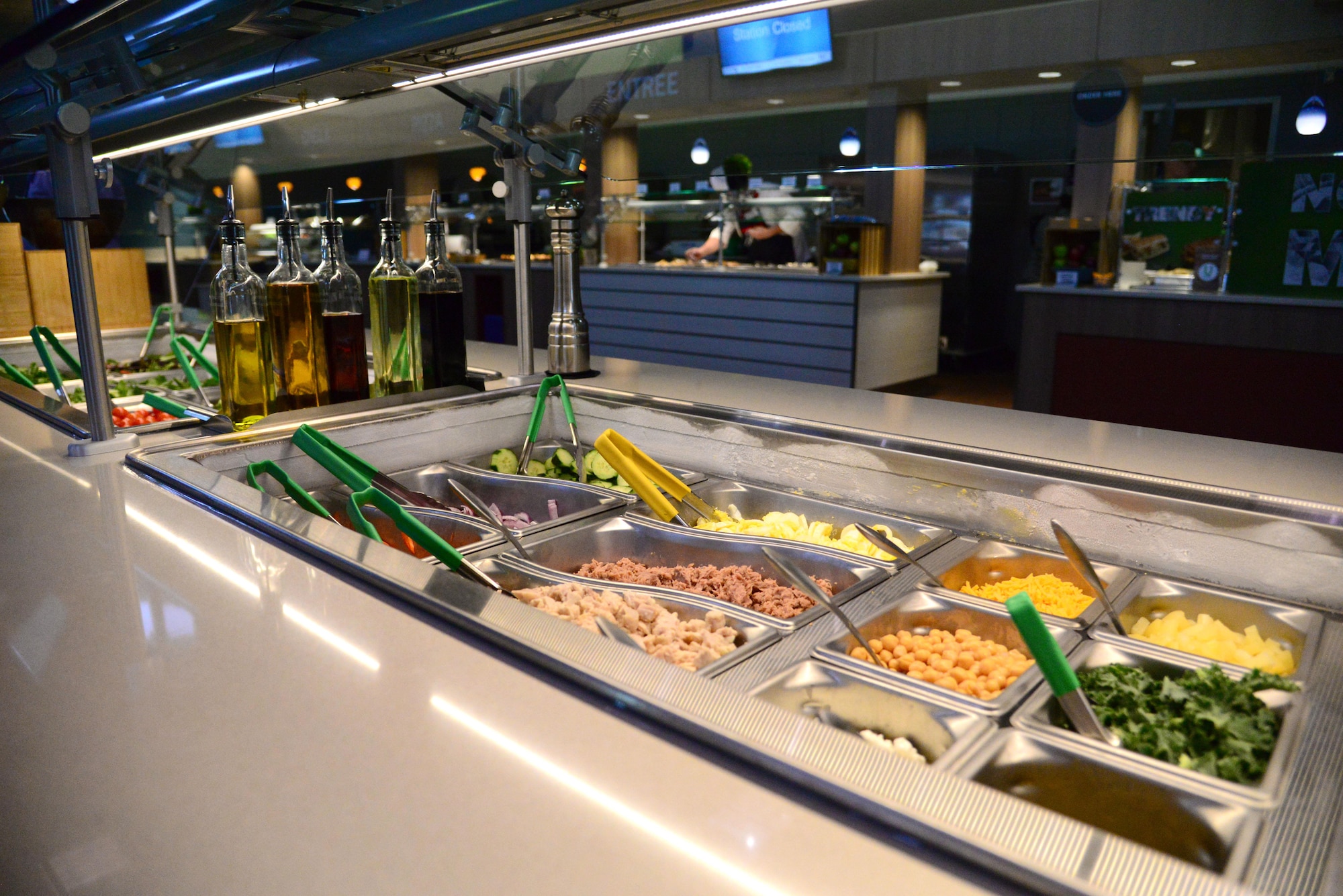 Among the many renovations and updates is a new salad bar in the new Pecos Trail Dining Facility March 3, 2016, at Cannon Air Force Base, N.M. Base leadership stated that the wing prides itself in executing specialized airpower from a premier installation, and that the Pecos Trail is yet another shining example of what makes Cannon truly premier. (U.S. Air Force photo/Staff Sgt. Alexx Pons) 