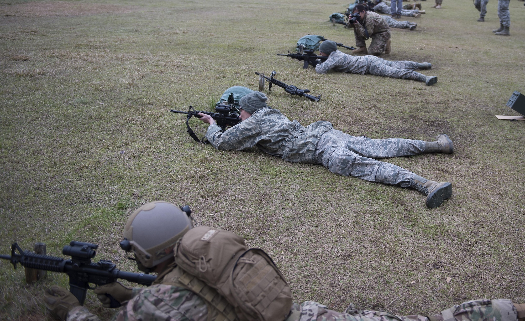 Combat camera Airmen zero-in their M4 rifles March 3, 2016, during exercise Scorpion Lens 2016, at McCrady Training Center on Fort Jackson, S.C. The exercise is an annual training requirement incorporating combat camera job qualification standards and advanced weapons and tactical training with Army instructors. (U.S. Air Force photo/Staff Sgt. Jared Trimarchi)