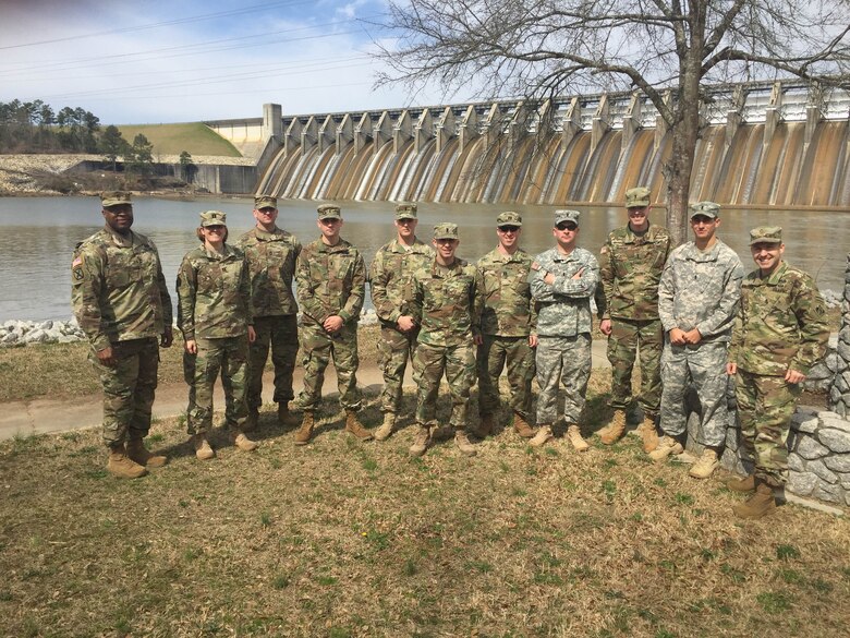 Soldiers from the 10th Brigade Engineer Battalion at Fort Stewart gather before Thurmond Dam near Augusta, Georgia during a tour of operations March 3. The tour was part of a two-day leadership development program which offered junior officers and senior non-commissioned officers a glimpse of consequential Corps projects and its span of career opportunities.