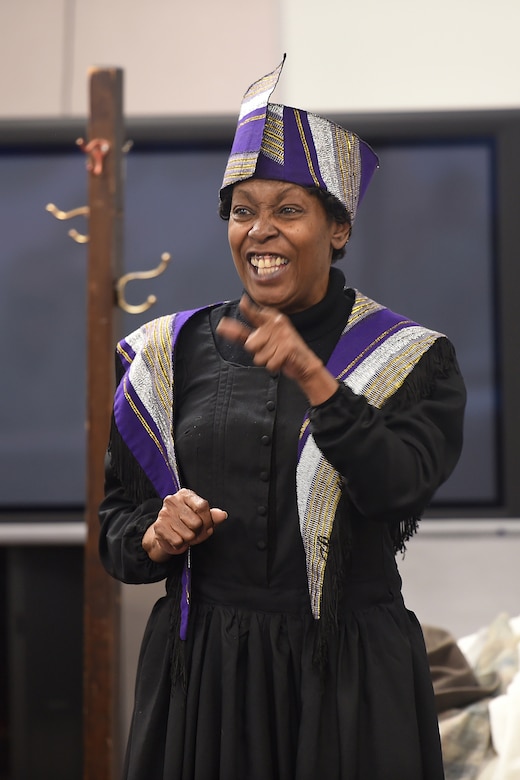 Chicago actress Cynthia Maddox recites her favorite poem at the end of her performance entitled Five Famous African-American Women. Maddox performed for the Army Reserve’s 85th Support Command during a combined observance of Black History and Women’s History Month, March 5, 2016. (U.S. Army photo by Sgt. Aaron Berogan/Released)