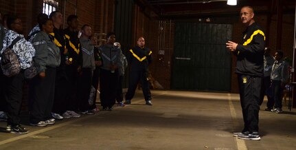 Command Sgt. Maj. Jeffery Darlington the 80th TC senior noncommissioned officer, addresses Soldiers on day one of the 80th Training Command health and fitness training event for individuals with body weight and Army Physical Fitness Test challenges at the command headquarters, Richmond, Va., March 4, 2016.