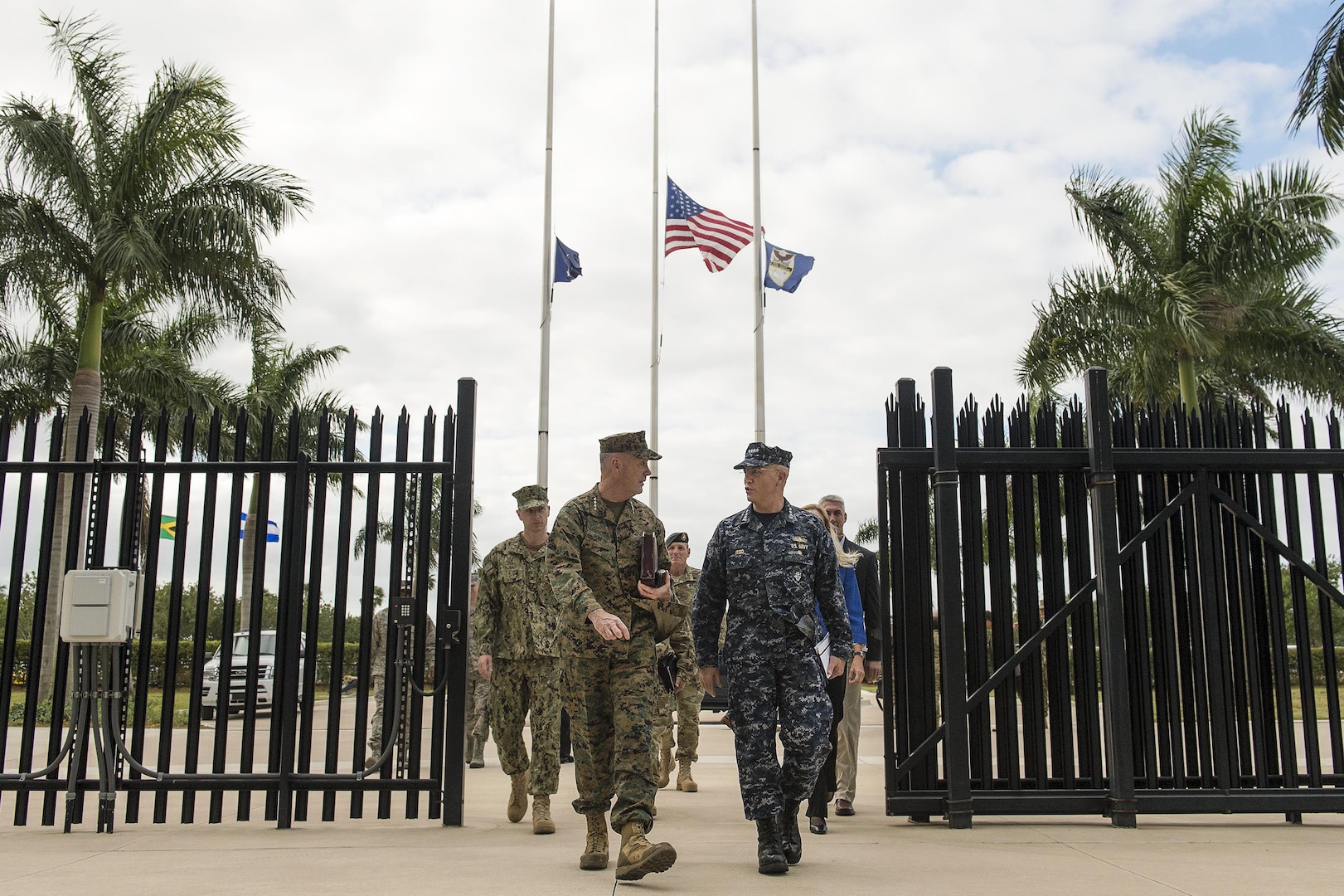 Marine Corps Gen. Joseph F. Dunford Jr., left, chairman of the Joint Chiefs of Staff, meets with Navy Adm. Kurt W. Tidd, commander, U.S. Southern Command, at the command's headquarters in Miami, March 8, 2016. DoD Photo by Navy Petty Officer 2nd Class Dominique A. Pineiro