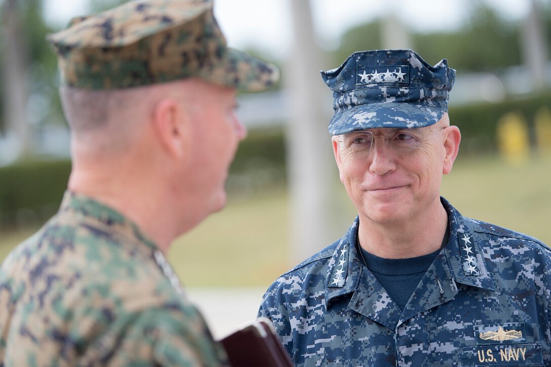 Marine Corps Gen. Joseph F. Dunford Jr., left, chairman of the Joint Chiefs of Staff, meets with Navy Adm. Kurt W. Tidd, commander, U.S. Southern Command, at the command's headquarters in Miami, March, 8, 2016. DoD photo by Navy Petty Officer 2nd Class Dominique A. Pineiro