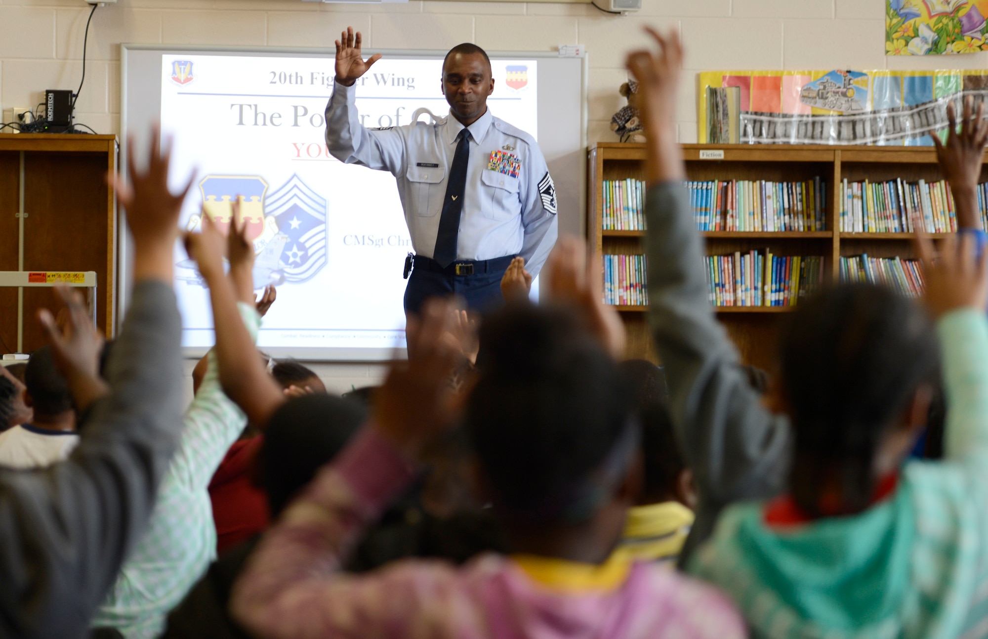 U.S. Air Force Chief Master Sgt. Christopher McKinney, 20th Fighter Wing command chief, speaks to students at Rafting Creek Elementary School in Rembert, S.C., March 1, 2016. McKinney asked the students several questions to help them realize their value and potential. (U.S. Air Force photo by Senior Airman Jensen Stidham)