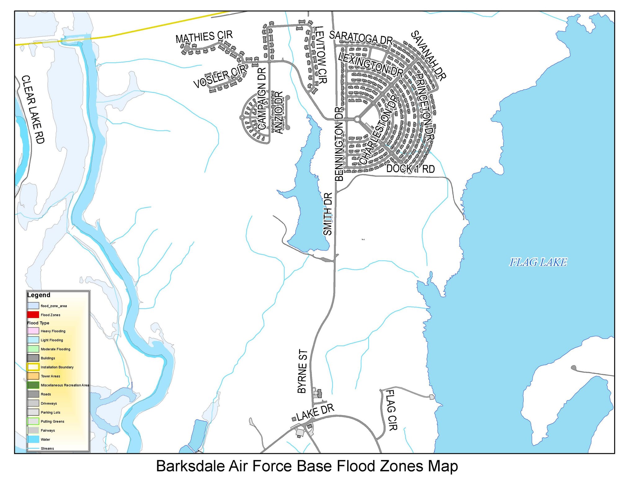 Barksdale Air Force Base flood zones map near the east side housing. Flood waters should be avoided because just six inches of moving water can knock you down and two feet of water can sweep your vehicle away. (U.S. Air Force graphic)
