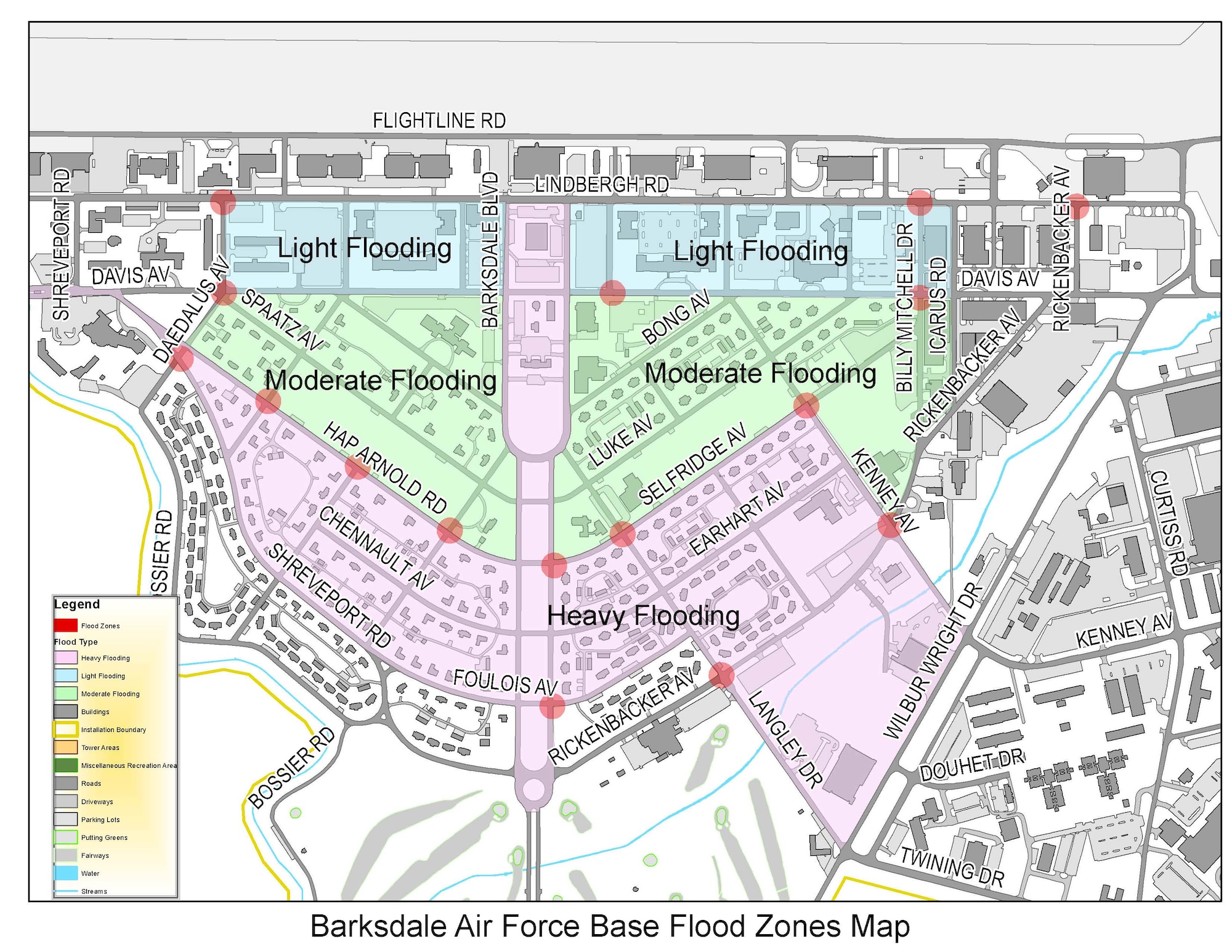 Barksdale Air Force Base flood zone map for the main base area. Barksdale and local residents should be aware of streams, drainage channels and other areas known to flood suddenly in and around their homes and base. (U.S. Air Force graphic)