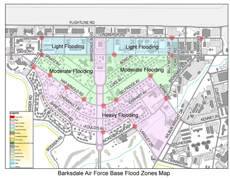 Barksdale Air Force Base flood zone map for the main base area. Barksdale and local residents should be aware of streams, drainage channels and other areas known to flood suddenly in and around their homes and base. (U.S. Air Force graphic)