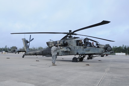 Crewmembers from 1-158th Assault Reconnaissance Battalion (ARB), conduct final maintenance checks on the AH-64 Apache Helicopter before its ceremonial final flight in Conroe, Texas, Mar. 6, 2016. 1-158th ARB is a direct reporting unit to the 11th Theater Aviation Command. The 11th Theater Aviation Command (TAC) is the only aviation command in the Army Reserve. (U.S. Army Photo by Capt. Matthew Roman, 11th Theater Aviation Command Public Affairs Officer)