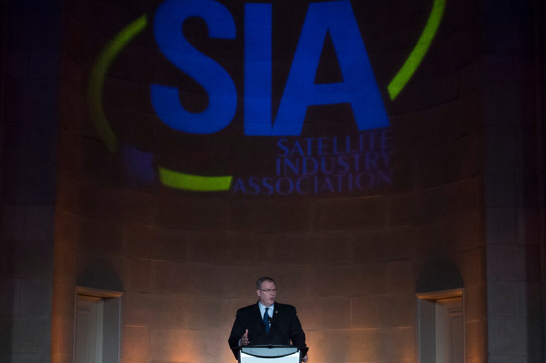 Deputy Defense Secretary Bob Work provides remarks at the Satellite Industry Association's leadership dinner in Washington, D.C., March 7, 2016. DoD photo by Air Force Senior Master Sgt. Adrian Cadiz