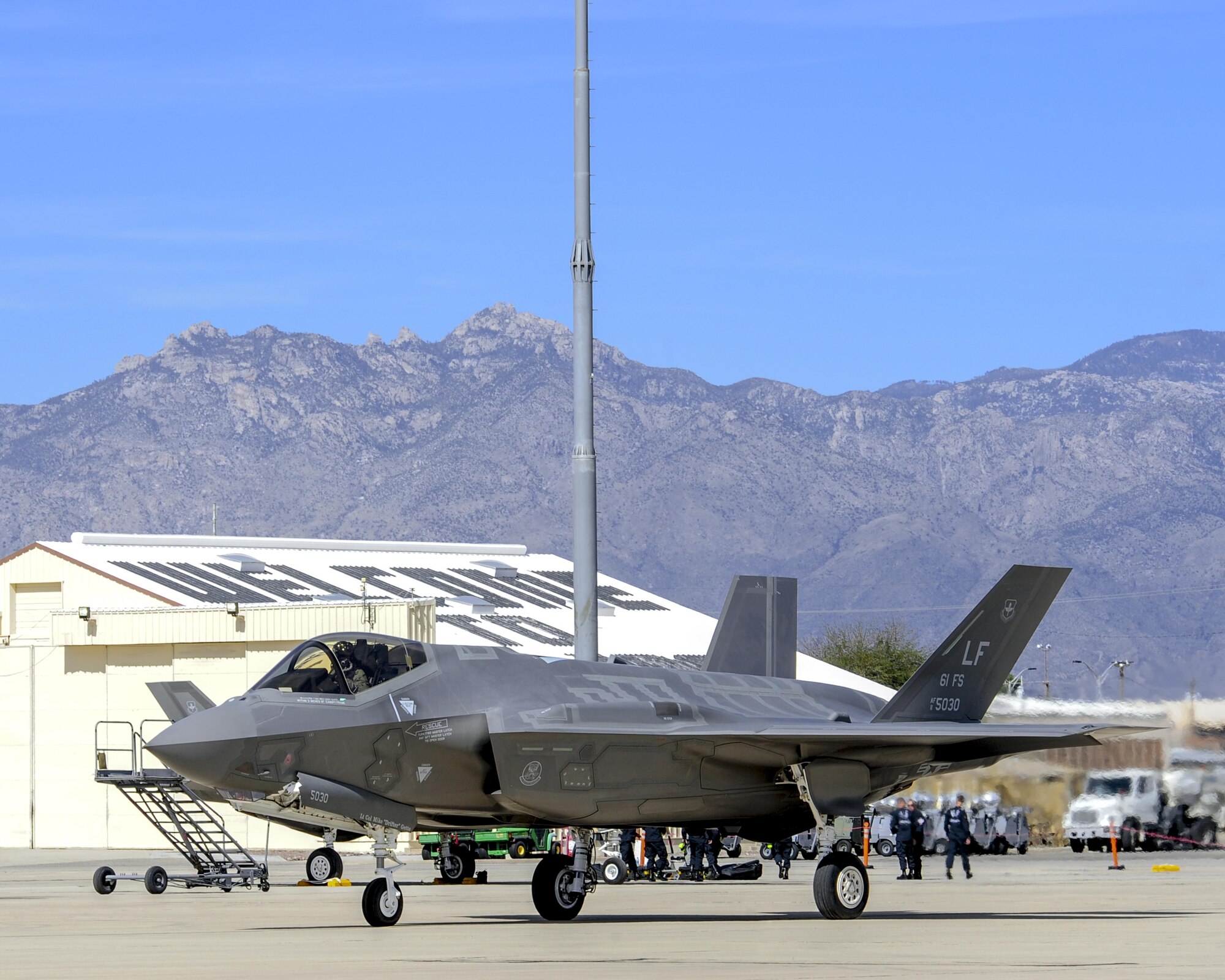 A U.S. Air Force F-35 Lightning II taxis down the flightline during the 2016 Heritage Flight Training and Certification Course at Davis-Monthan Air Force Base, Ariz., March 4, 2016. Established in 1997, the HFTCC certifies civilian pilots of historic military aircraft and U.S. Air Force pilots to fly in formation together during the upcoming air show season. (U.S. Air Force photo by Senior Airman Chris Massey/Released)
