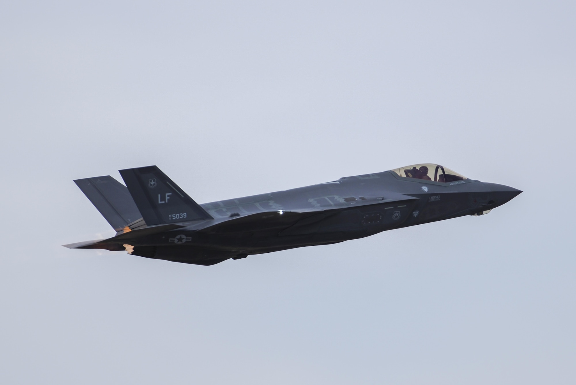 A U.S. Air Force F-35 Lightning II performs an aerial maneuver during the 2016 Heritage Flight Training and Certification Course at Davis-Monthan Air Force Base, Ariz., March 6, 2016. The Raptor performs both air-to-air and air-to-ground missions allowing full realization of operational concepts vital to the 21st century Air Force. (U.S. Air Force photo by Senior Airman Chris Massey/Released)