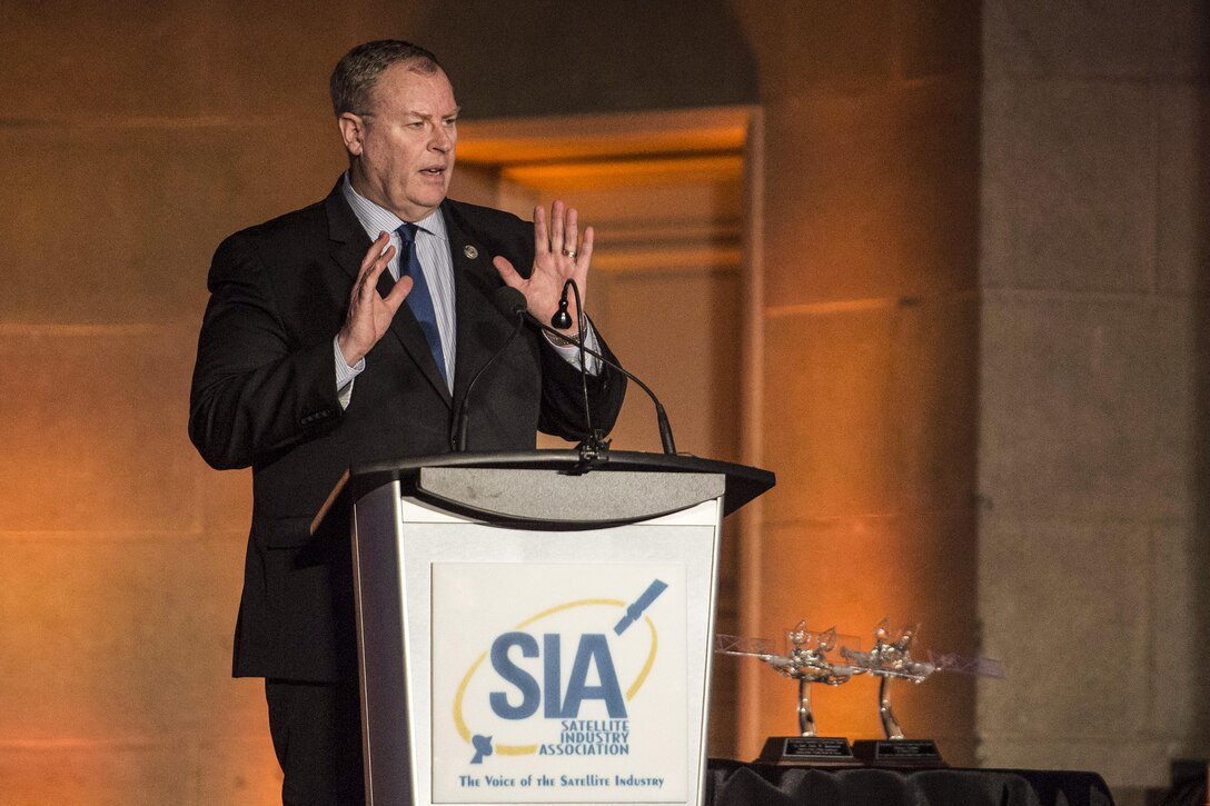 Deputy Defense Secretary Bob Work provides remarks at the Satellite Industry Association's leadership dinner in Washington, D.C., March 7, 2016. The annual dinner gathers senior government officials, CEOs, and other senior executives from the satellite industry to underscore the dynamic role that satellite technologies play in the nation’s economy and defense. DoD photo by Air Force Senior Master Sgt. Adrian Cadiz