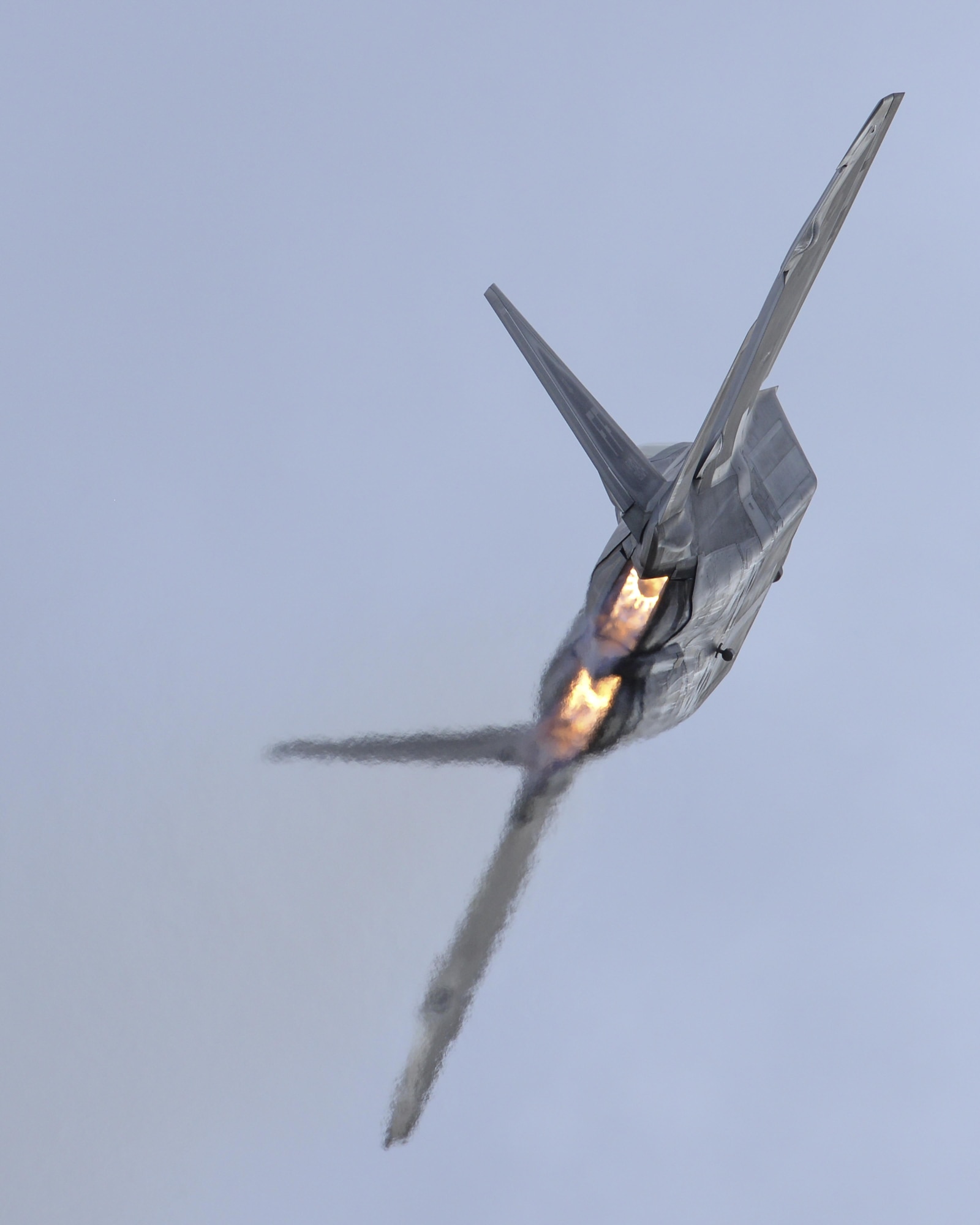 A U.S. Air Force F-22 Raptor performs an aerial maneuver during the 2016 Heritage Flight Training and Certification Course at Davis-Monthan Air Force Base, Ariz., March 5, 2016. The Raptor performs both air-to-air and air-to-ground missions allowing full realization of operational concepts vital to the 21st century Air Force. (U.S. Air Force photo by Senior Airman Chris Massey/Released)