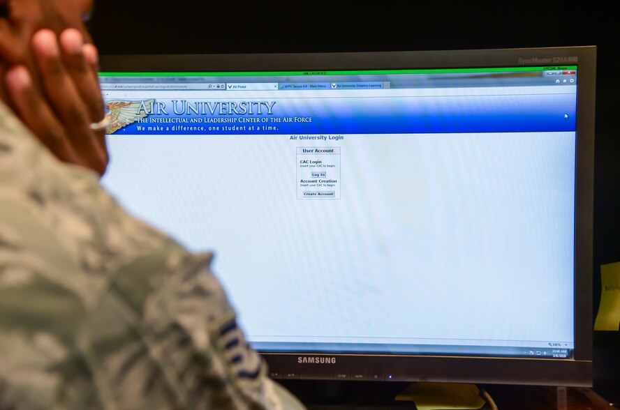A Barksdale NCO logs into the Air University website from Barksdale Air Force Base, La., March 8, 2016. Air Universiry provides NCOs and Senior NCOs with enlisted professional military education content required for career progression and rank advancement. (U.S. Air Force photo/Senior Airman Mozer O. Da Cunha)