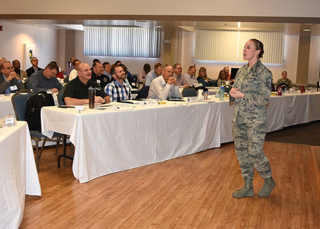 Air Force Master Sgt. Shanon Johnson gives resiliency training March 2, 2015 for Defense Logistics Agency Aviation senior leaders during the Senior Leader Conference held on Defense Supply Center Richmond, Virginia, March 1-3. The training covered the four building blocks of resiliency. 