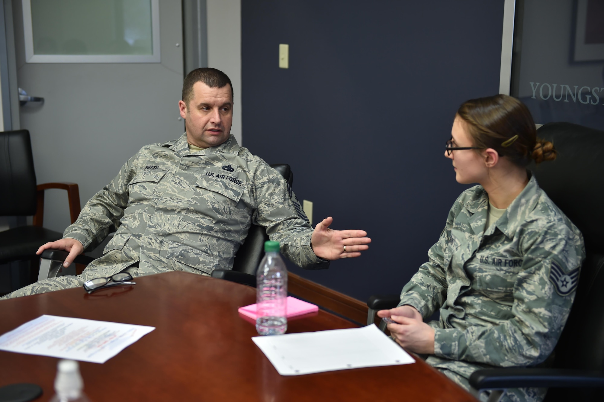 910th Airlift Wing Command Chief Master Sgt. Robert Potts advises Staff Sgt. Kathy Gibbins, 5/6 Council president, during a meeting here, March 5, 2016. The 5/6 Council, which holds quarterly meetings, hosts events to benefit the morale and well-being of enlisted personnel at YARS. (U.S. Air Force photo/Staff Sgt. Rachel Kocin)