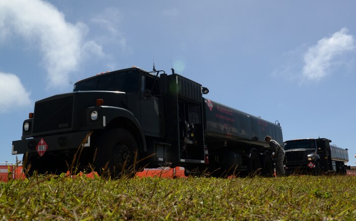 The 36th Logistics Readiness Squadron Fuels Management Flight Airmen check for foreign objects and debris before heading out for a full day on the flightline Feb. 26, 2016, at Andersen Air Force Base, Guam. A team of Airmen wait at the gates to check trucks for FOD before accessing the flightline to ensure flightline and refueling safety. 
