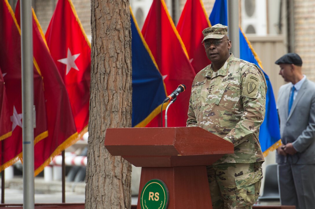 Army Gen. Lloyd J. Austin III, commander of U.S. Central Command, addresses the audience during the change-of-command ceremony for NATO’s Resolute Support mission in Kabul, Afghanistan, March 2, 2016. DoD photo by Myles Cullen