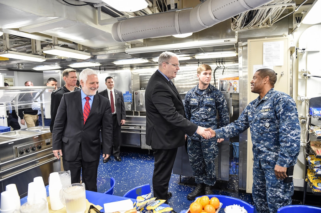 Deputy Defense Secretary Bob Work greets sailors aboard the USS Stout on Naval Station Norfolk, Va., March 8, 2016. DoD photo by Army Sgt. 1st Class Clydell Kinchen